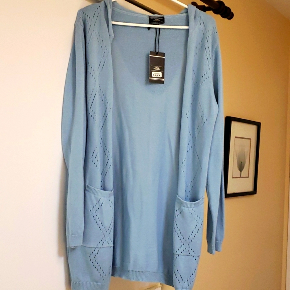 Open front cardigan with hood.  Baby blue Size Large